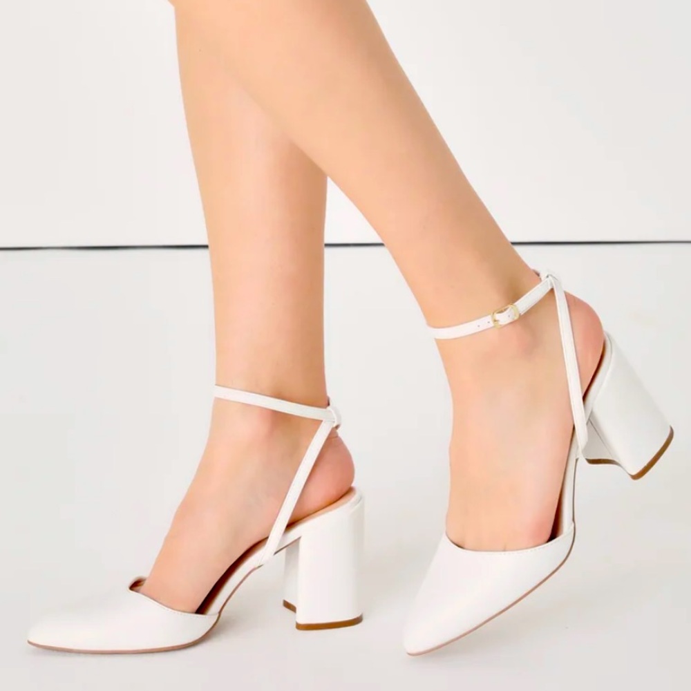White Pointed-Toe Ankle Strap heels- Lulu’s brand, worn once.